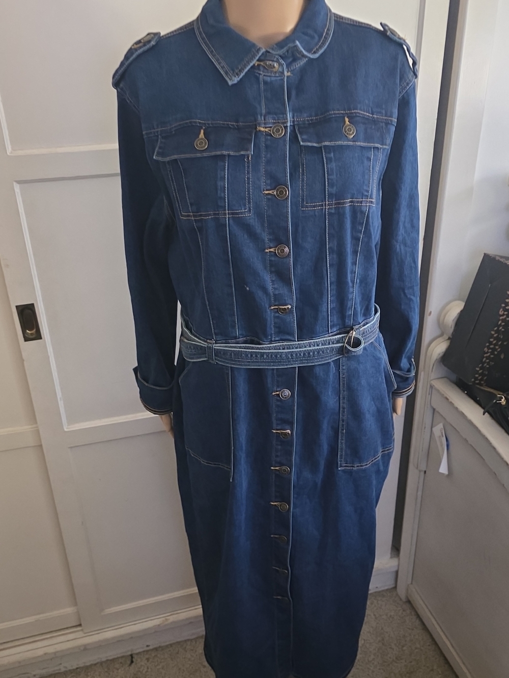 New York & Company Indigo Denim Shirt Dress with Belt